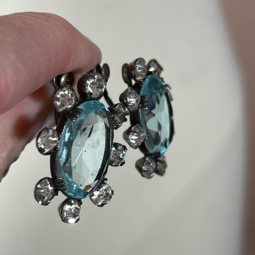 Antique Art deco Sterling Silver oversized pale blue quartz Screw back earrings - Picture 8 of 15